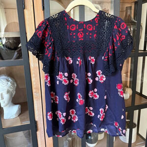 SEA New York Blouse Blue Silk Floral Print Lace eyelet ruffles Sleeve embroider